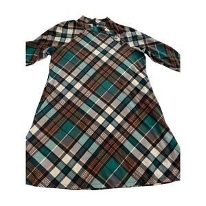 JH Plaid Shirt Dress Women’s 1X Green Brown Tan Button Front Long Sleeve stretc